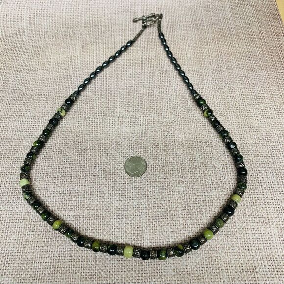 Silvertone Green Jasper Black Onyx Hematite Stone Necklace - Picture 1 of 4